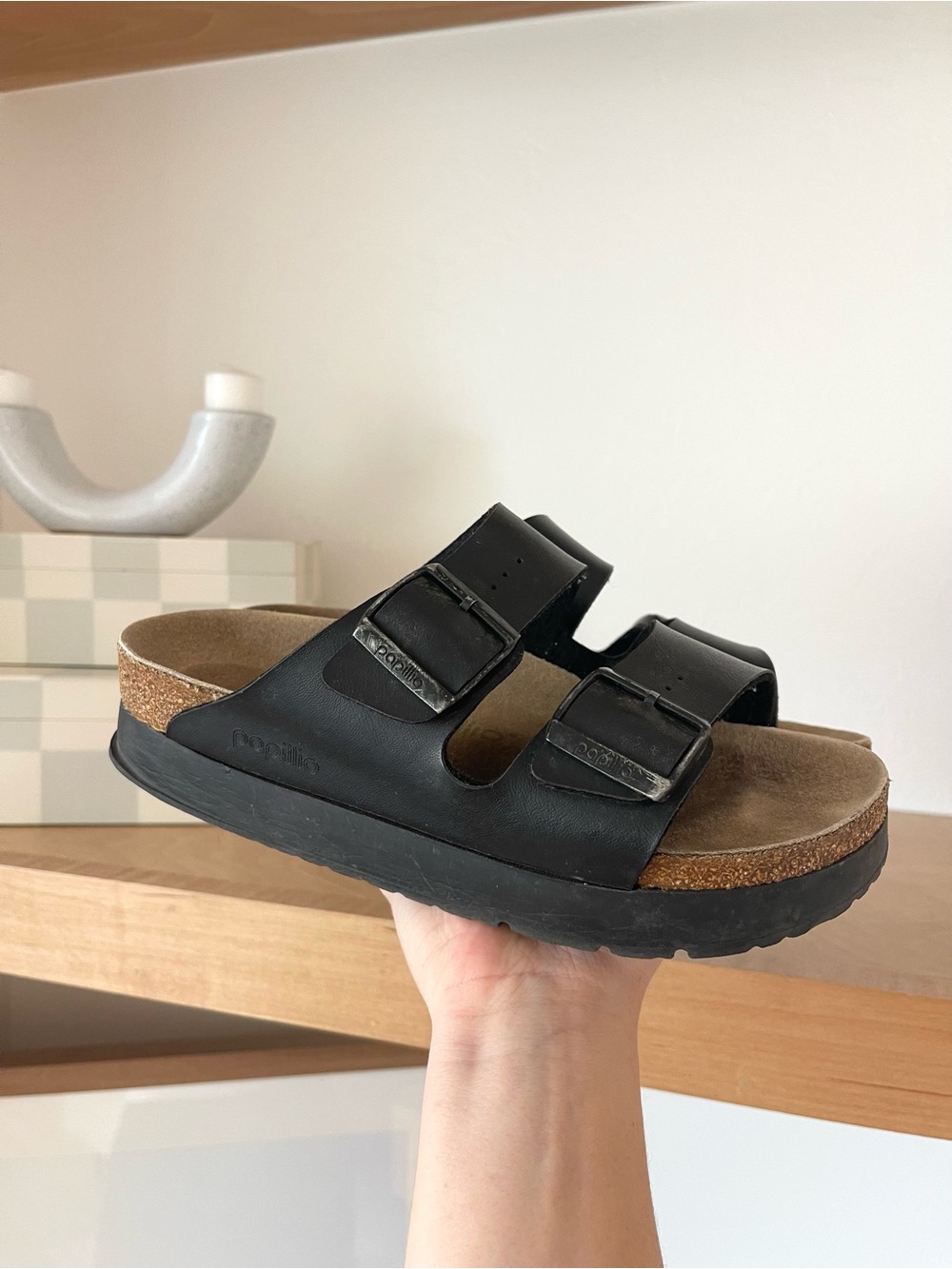 Birkenstock Papillio Arizona Black Platform Slide Chunky Buckle Sandals Size 37